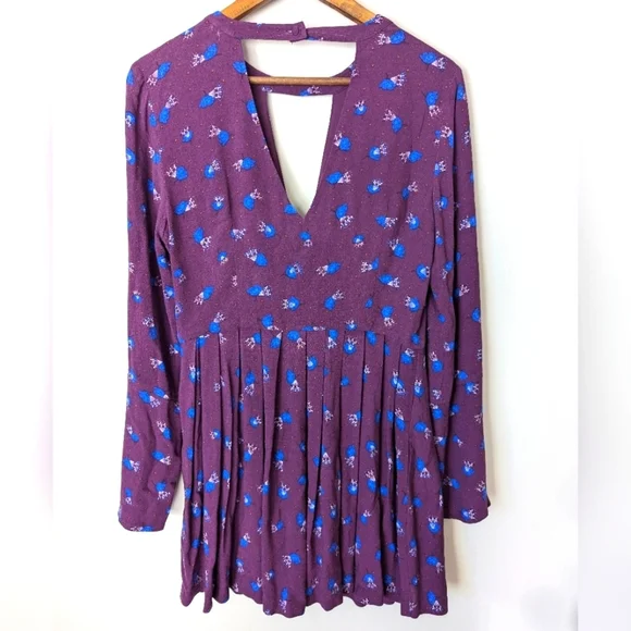 Free People Tegan Floral Purple Long Sleeve Keyhole Mini Dress Boho Hippie Fairy - Picture 2 of 16